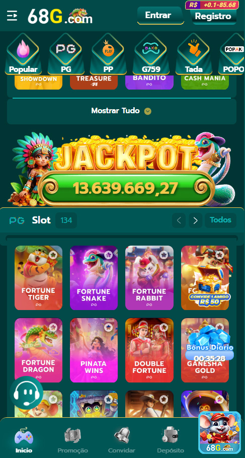 Tela do app 68g.com com jackpots e jogos
